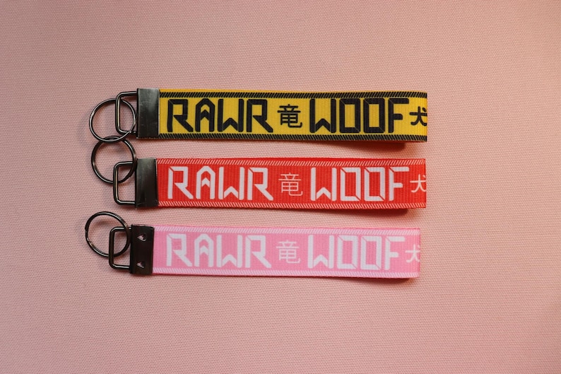 Pode incluir: Tr&ecirc;s chaveiros com o texto "RAWR 竜 WOOF 犬" em preto em fitas amarelas, vermelhas e rosa. Cada chaveiro tem um anel de metal prateado e um fecho de metal preto. O fundo &eacute; de cor rosa lisa.