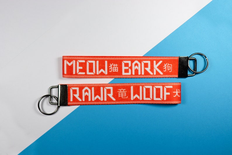 Pode incluir: Dois chaveiros laranja com texto branco e argolas prateadas. O chaveiro superior diz "MEOW 貓 BARK 狗", e o chaveiro inferior diz "RAWR 竜 WOOF 犬". O fundo &eacute; dividido diagonalmente, com se&ccedil;&otilde;es brancas e azuis.