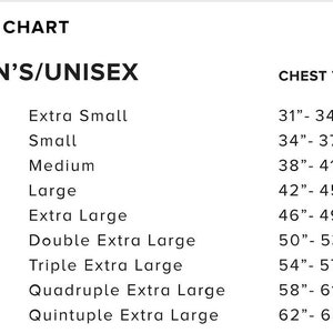 May include: Size chart for men's and unisex clothing, showing chest measurements in inches for sizes XS to 5XL.  The chart lists the size, description, and corresponding chest measurement range.