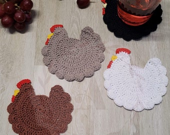 Crochet chicken drink coasters