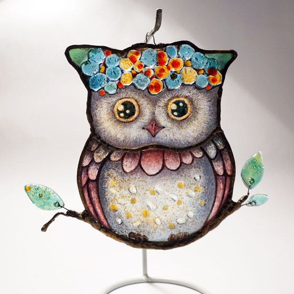 Owl Stained Glass Suncatcher: Fused Glass Window Hanging