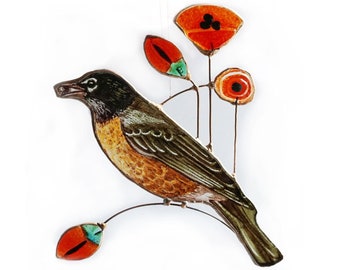 American robin window hangings  Stained glass bird  Suncather gift