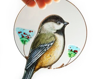 Chickadee Suncatcher Ventana cuelga pájaros Vidrieras regalo de vidrio fundido