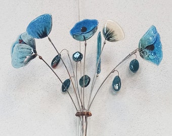 Stained Glass Flower Bouquet: Blue Poppies Suncatcher with Vase