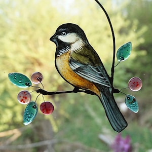 Stained glass Chickadee bird ,Suncatcher ,Stained Glass Window Hangings , Anniversary gift