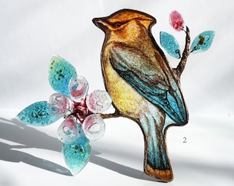 Cedar Waxwing Stained Glass Suncatcher: Fused Glass Bird Window Hanging