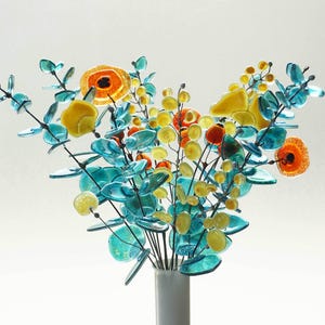 Stained Glass Wildflower bouquet-set of 24 stems, Eucalyptus Leaf Bouquet stained glass, artificial flowers, fused glass