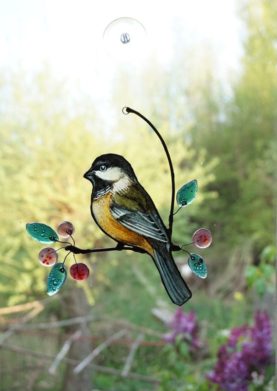 Stained Glass Chickadee Bird suncatcher stained Glass Window - Etsy