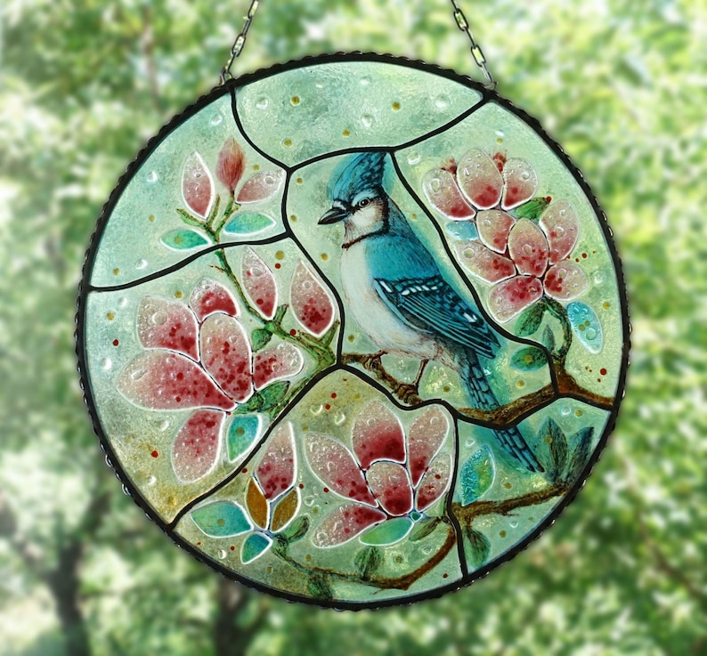 Blue jay stained glass window hangings Custom stained glass bird suncatcher