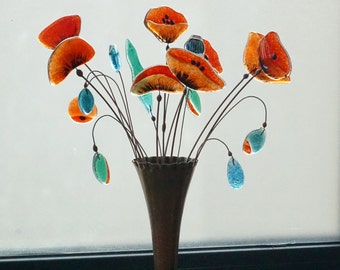 Stained glass flower  Bouquet of poppies,  Suncatcher , Fused glass , Stained glass ,Window decor, Art glass, Gift, Decorative art