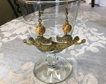 Etched Brass Flying Angel Earrings, Folk Art Angel Earrings, Brass Wood Beads Dangle Drop Earrings