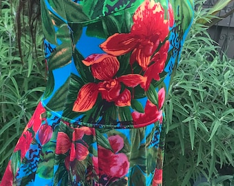 One piece Floral Mesh Skirted Vintage Size 14/36 Bathing Suit, Adjustable Straps With Metal Hooks, Bra and Front Lining, Hawaiian Tropical