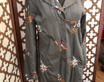 Floral Embroidered Army Green Duster Coat, A Fall Bouquet Trench Coat, Light Blue Brand Size Medium