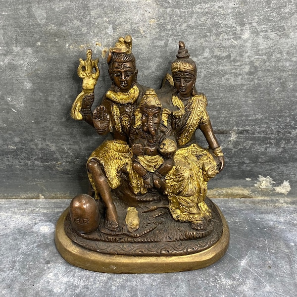 Statue hindoue en bronze, divinités famille Shiva Parvati et Ganesh, Inde, XXème