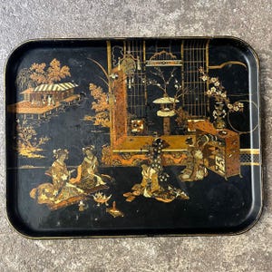 Ancien Plateau en Carton Bouilli Laqué Noir - Décors Dorés Japonais - Napoléon III. XIXeme 