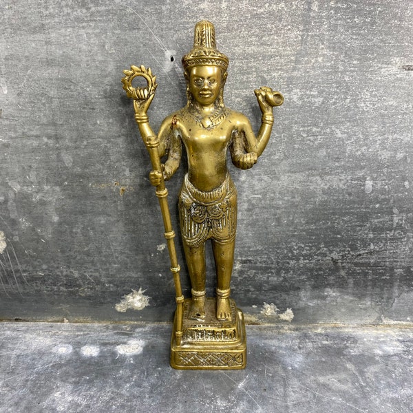 Statue hindoue en bronze, divinité Vishnu debout avec quatre bras, Inde, XXème