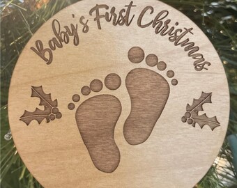 Laser Cut & Engraved Baby's First Christmas Wooden Ornament, Christmas Gift, New Baby Charm