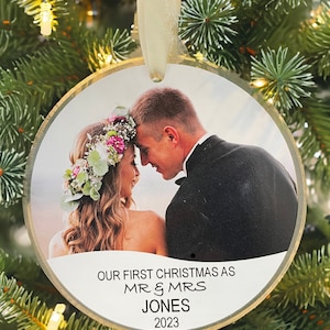 Our First Christmas Mr. & Mrs. Ornament - Personalized Wedding Photo Acrylic Ornament - Newlywed Christmas Tree Keepsake"