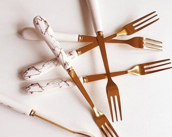 Ceramic handle gold metal white marble dessert cake forks modern chic set of 6 posh fine dining beautiful cutlery