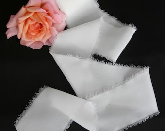 Pure Silk Crepe Ribbon | White | 50mm (2") | Feathered | Torn | Raw Edge