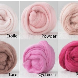 Op de afbeelding: Zes ronde bundels zachte wolvacht gerangschikt in een raster. De kleuren zijn gelabeld als Etoile, een bleek gebroken wit; Powder, een lichtroze; Shell, een zachte perzikkleur; Lace, een gedempt mauve; Cyclamen, een felroze; en Raspberry, een diep magenta.