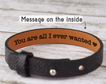 Mens Hidden Message Bracelet, Boyfriend Anniversary Gift, Mens Personalized Leather Bracelet. Secret Message Engraved Bracelet For Boyfriend