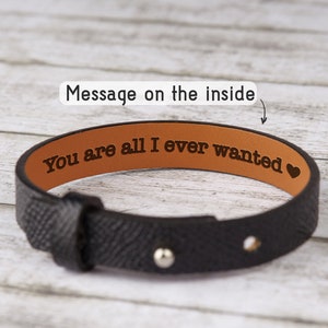 Mens Hidden Message Bracelet, Boyfriend Anniversary Gift, Mens Personalized Leather Bracelet. Secret Message Engraved Bracelet For Boyfriend