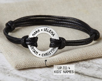 Kids Names Bracelet Mens, Fathers Day Gift from Wife, Personalized Men Leather Bracelet with Kids Names, Custom Gift for Daddy, Dad Bracelet