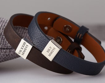 Roman Numerals Charm Bracelet, Personalized Boyfriend Birthday Gift, Anniversary Gift For Husband, Engraved Leather Gift, Men Leather Gift