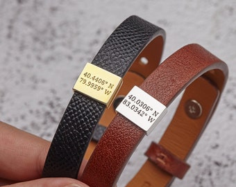 Leather Coordinate Bracelet, Custom Boyfriend Father's Day Gifts, Latitude Longitude Gift, Anniversary Gift For Boyfriend, Custom Bracelet
