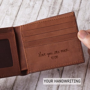 Billetera con escritura a mano, regalos de Navidad personalizados para novios, regalo de aniversario para esposos, billetera de cuero para hombres, billetera plegable personalizada