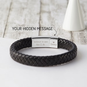 Handcrafted braided leather bracelet featuring a sleek magnetic clasp and customizable engraving. Perfect for a sentimental gift, this durable bracelet can be personalized with a hidden message, making it a unique  present for dads and boyfriends