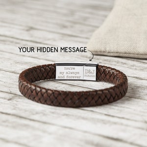 Handcrafted braided leather bracelet featuring a sleek magnetic clasp and customizable engraving. Perfect for a sentimental gift, this durable bracelet can be personalized with a hidden message, making it a unique present for dads and boyfriends