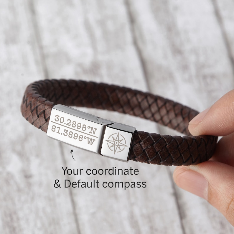 Coordinates Mens Bracelet, Anniversary Boyfriend Gift, Mens Jewelry Personalized, Engraved Leather Bracelet, Birthday Gift For Him image 5