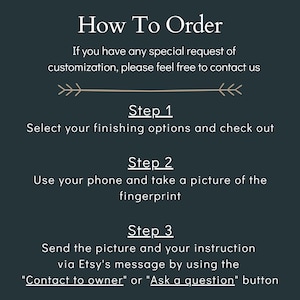 May include: Dark teal graphic with white text detailing ordering instructions. It includes steps for selecting options, taking a fingerprint picture, and sending it via Etsy message. A decorative arrow is also present.