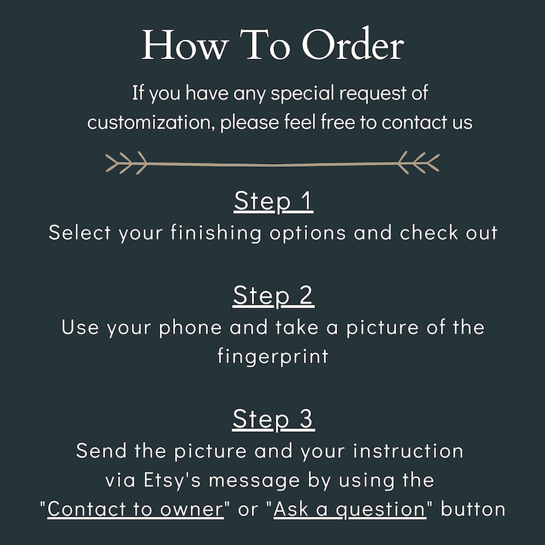 May include: Dark teal graphic with white text detailing ordering instructions. It includes steps for selecting options, taking a fingerprint picture, and sending it via Etsy message. A decorative arrow is also present.
