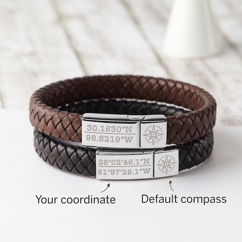 Coordinates Mens Bracelet, Anniversary Boyfriend Gift, Mens Jewelry Personalized, Engraved Leather Bracelet, Birthday Gift For Him image 6