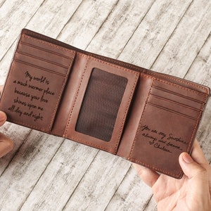 Regalos para el Día del Padre para tu novio, billetera personalizada con escritura a mano, billetera triple de cuero personalizada para hombre, regalo de cumpleaños para tu esposo.