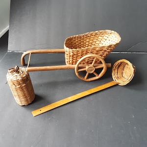 Three Unique BOHO Wicker/Rattan/Bamboo Items --- Rickshaw, Ladle, Potpourri Basket---Woven Art