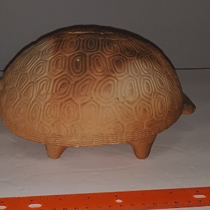 May include: A terracotta turtle piggy bank with a detailed shell design. The turtle has four legs and a small opening on its back for coins.