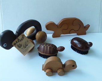 Five Wood Turtles -- Massager, Wood Puzzle, Two Brushes, Rolling Toy