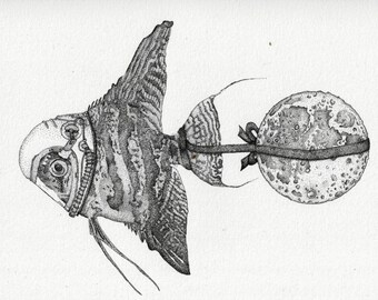 May include: A black and white ink illustration of an angelfish wearing a mechanical helmet over its head. A thin cord is tied to the fish's tail, connecting it to a detailed, cratered moon that follows behind the fish in this surreal drawing.