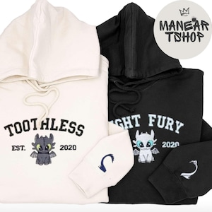 Ohnezahn und Light Fury bestickt T-shirt Sweatshirt Hoodie, süßes Drachen Shirt Hoodie, Fantasy-Film-Shirt, Passendes paar Shirt