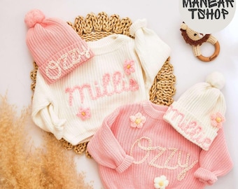 Personalized Baby Name Sweater and Beanie Hat, Embroidered Children&#39;s Sweatshirt, Newborn Gift, Custom Baby Gift, Birthday Gift For Baby