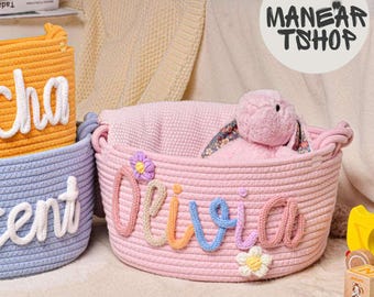 Custom Name Baby Basket, Personalized Baby Basket,Rope Cotton Baby Gift Basket, Handmade Baby Shower Gift, Custom Toy Basket