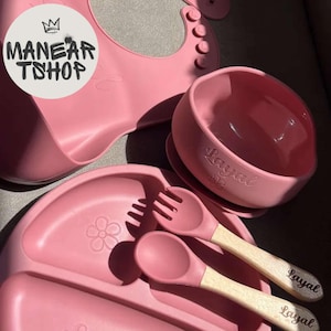 Personalized Silicone Weaning Set, Cartoon Weaning Set for Toddler Baby Kids, Feeding Set with Custom Name, Eco-Friendly, Baby Plate
