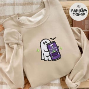 Embroidered Halloween Ghost drink T-shirt Sweatshirt Hoodie, Custom ghost drink halloween sweatshirt, Ghost With Energy Drink Fall Tee
