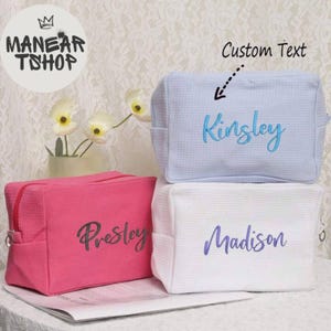 Personalized Waffle Travel Cosmetic Bag, Custom name Monogram Makeup Bag, Embroidered Toiletry Bag, Bridesmaid Gifts, Makeup bag
