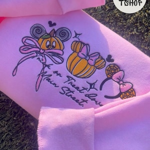 Embroidered Trick or treat down main streat mickey Sweatshirt T-shirt Hoodie, Embroidered disney shirt, disney pumkin embroidery
