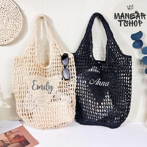 Personalized Raffia Beach Tote Bag, Custom Beach Straw Bag, Initials Handle Bag, Bridesmaid Gifts Bag, Custom name Girls Travel Bags